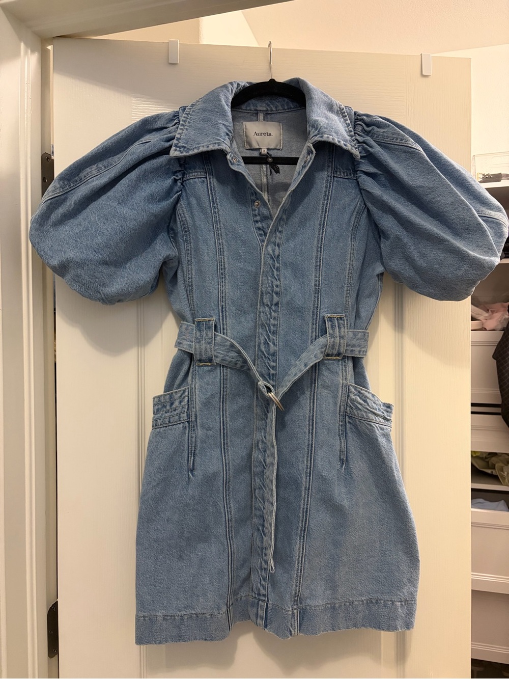 Celia Puff-Sleeve Denim Mini Dress in Light Blue - Picture 3 of 9